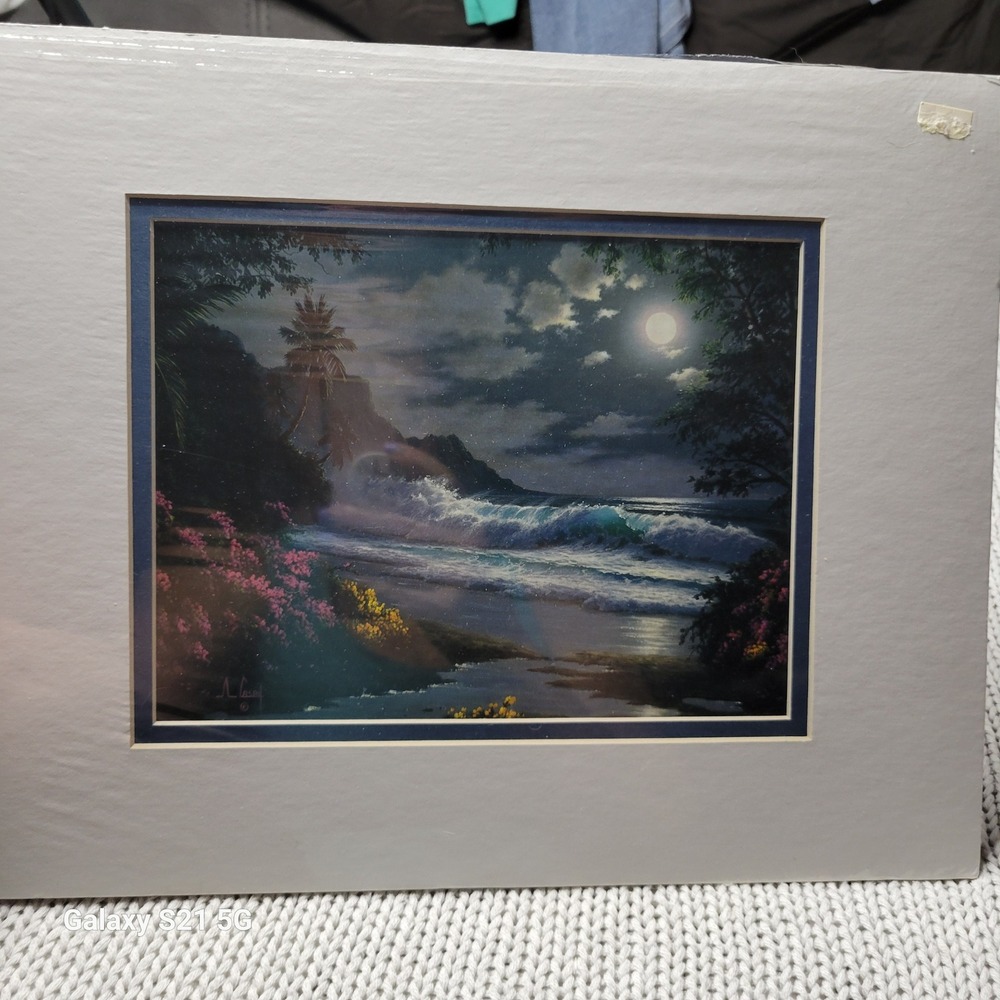 Anthony Casay "Oceanfront" Seascape Art Print Matted Full Moon Ocean Waves 11x14